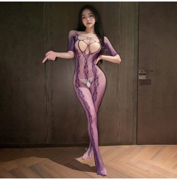 FEE ET MOI - Seductive Jacquard Hollow Open-crotch Bodystocking (Purple)